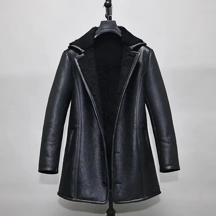 Men’s Long Shearling Sheepskin Coat – 100% Real Sheepskin Leather with Natural Wool Lining, Thick Warm Winter Overcoat