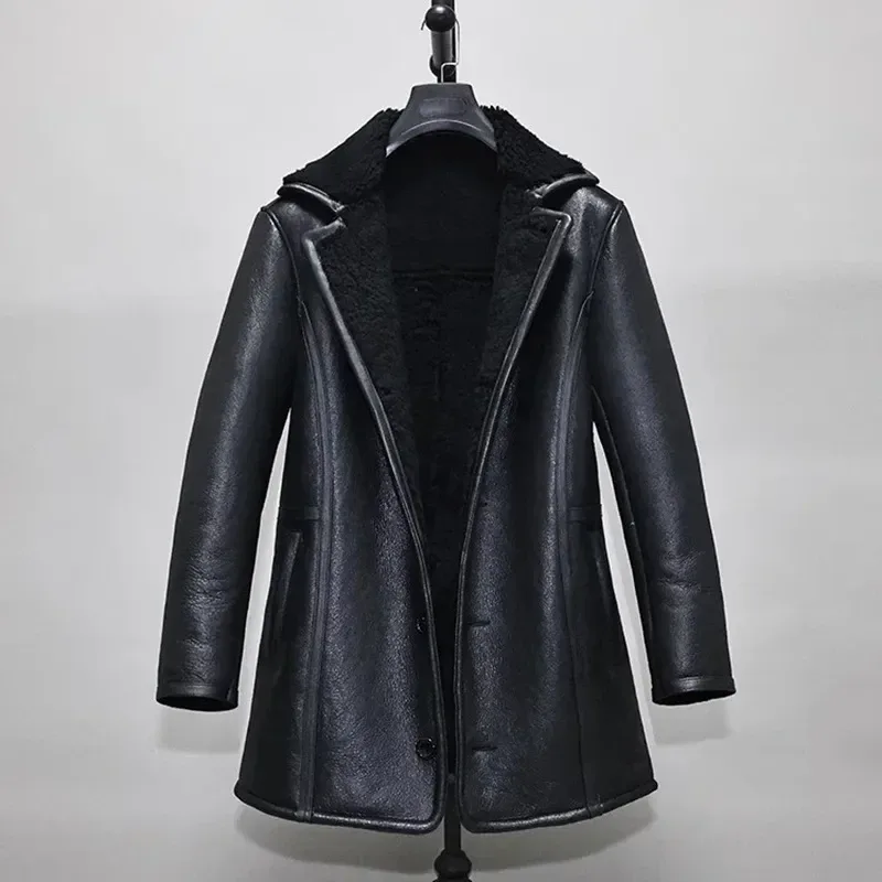 Men’s Long Shearling Sheepskin Coat – 100% Real Sheepskin Leather with Natural Wool Lining, Thick Warm Winter Overcoat - Image 6