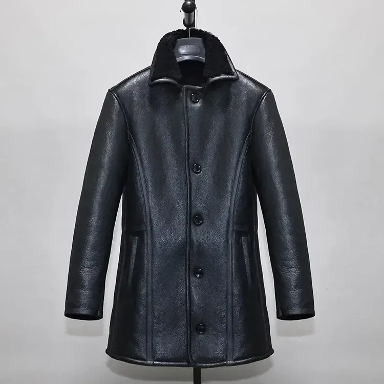 Men’s Long Shearling Sheepskin Coat – 100% Real Sheepskin Leather with Natural Wool Lining, Thick Warm Winter Overcoat - Image 3