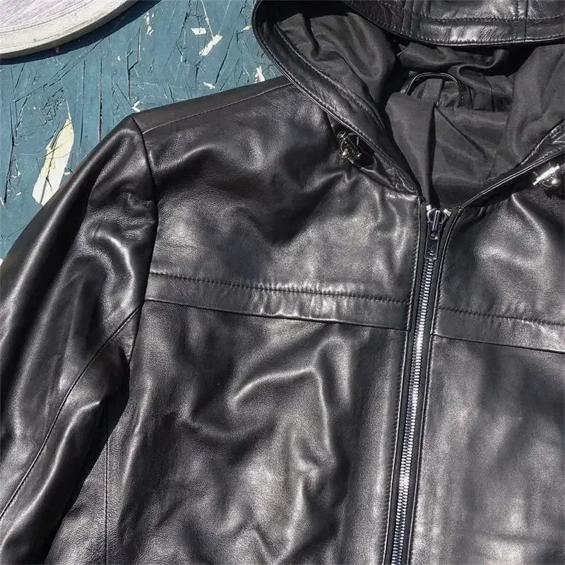 Men’s Genuine Lambskin Hooded Leather Coat – Casual Black Outerwear for Spring & Autumn, Oversized Fit - Image 4