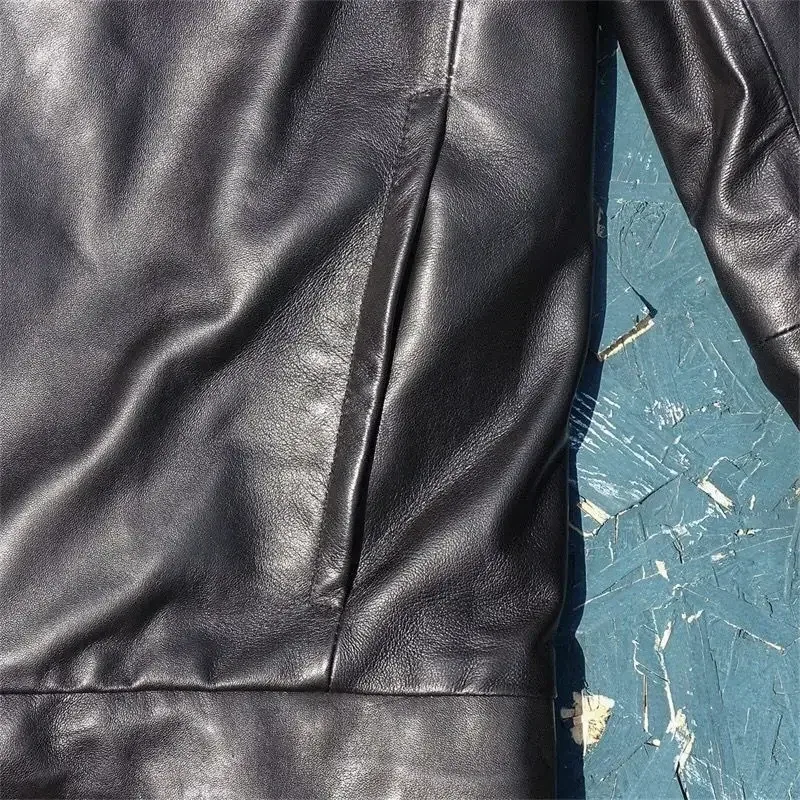 Men’s Genuine Lambskin Hooded Leather Coat – Casual Black Outerwear for Spring & Autumn, Oversized Fit - Image 5