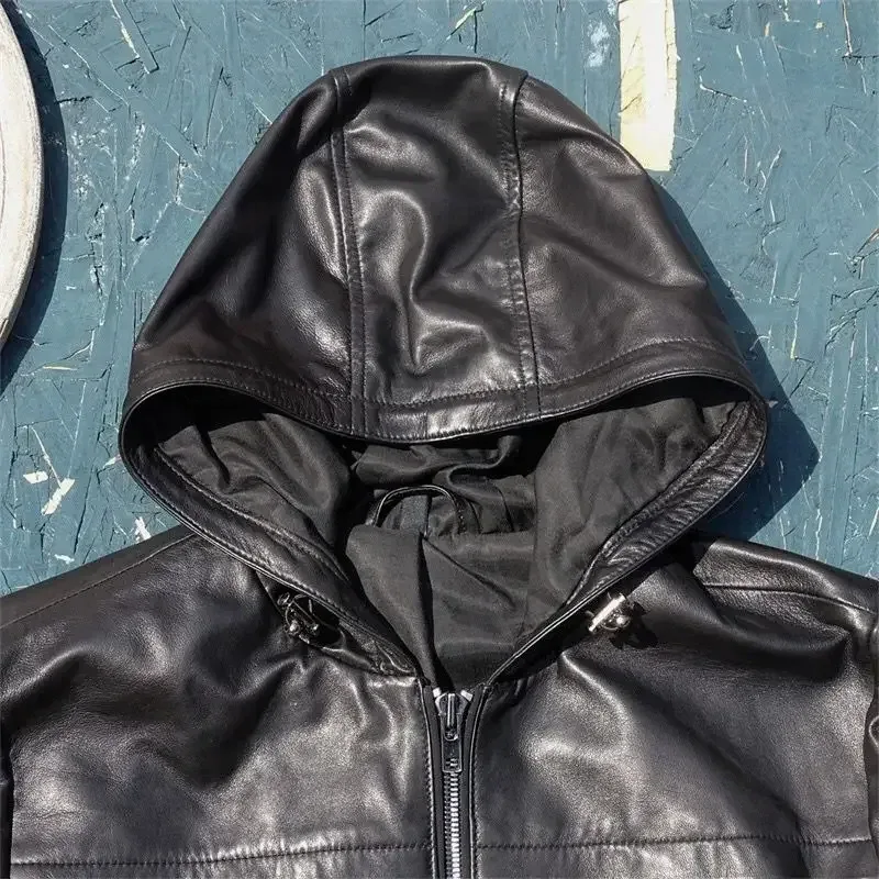 Men’s Genuine Lambskin Hooded Leather Coat – Casual Black Outerwear for Spring & Autumn, Oversized Fit - Image 3