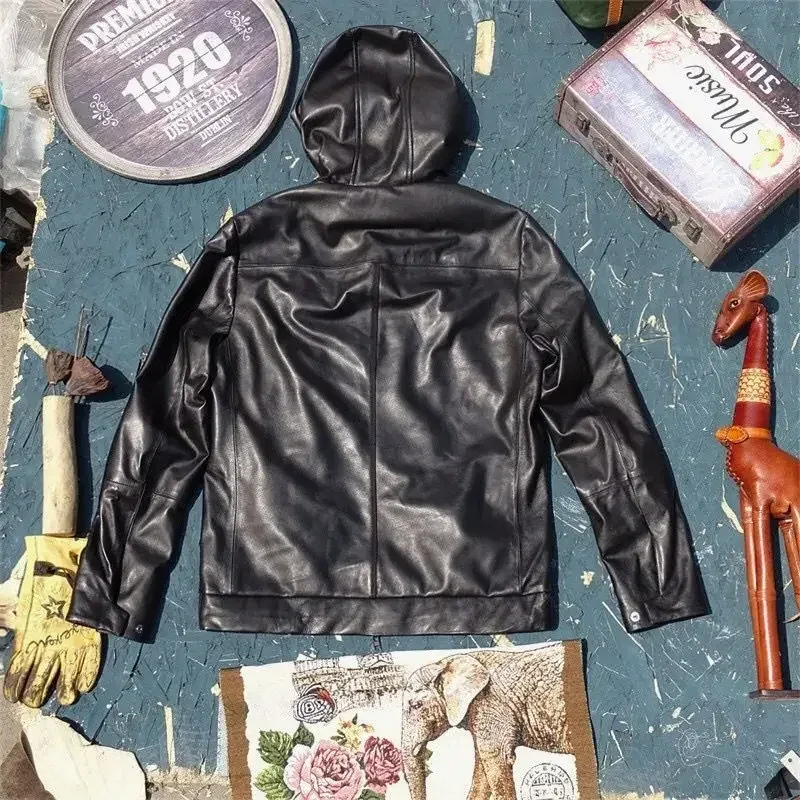Men’s Genuine Lambskin Hooded Leather Coat – Casual Black Outerwear for Spring & Autumn, Oversized Fit