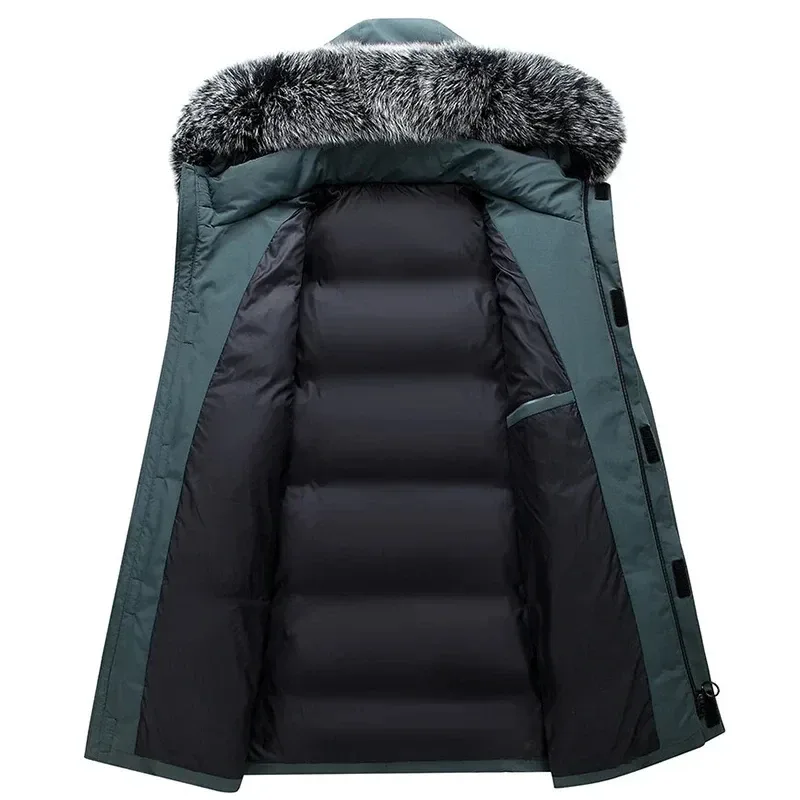 Men’s Long Hooded Down Jacket – Windproof Winter Parka with Warm White Duck Down Filling