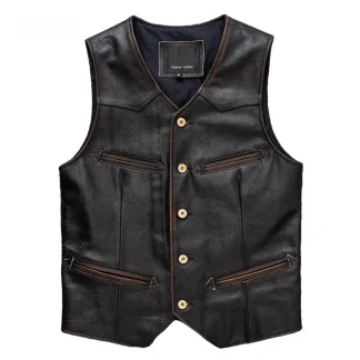 Men’s 100% Genuine Cow Leather Motorcycle Vest Vintage Slim Fit Biker Waistcoat Jacket