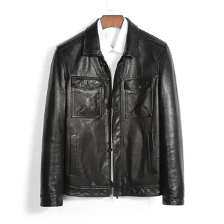 Men’s Genuine Sheepskin Leather Jacket – Casual Short Black Leather Coat with Pockets, Real Leather Autumn Outerwear 1819