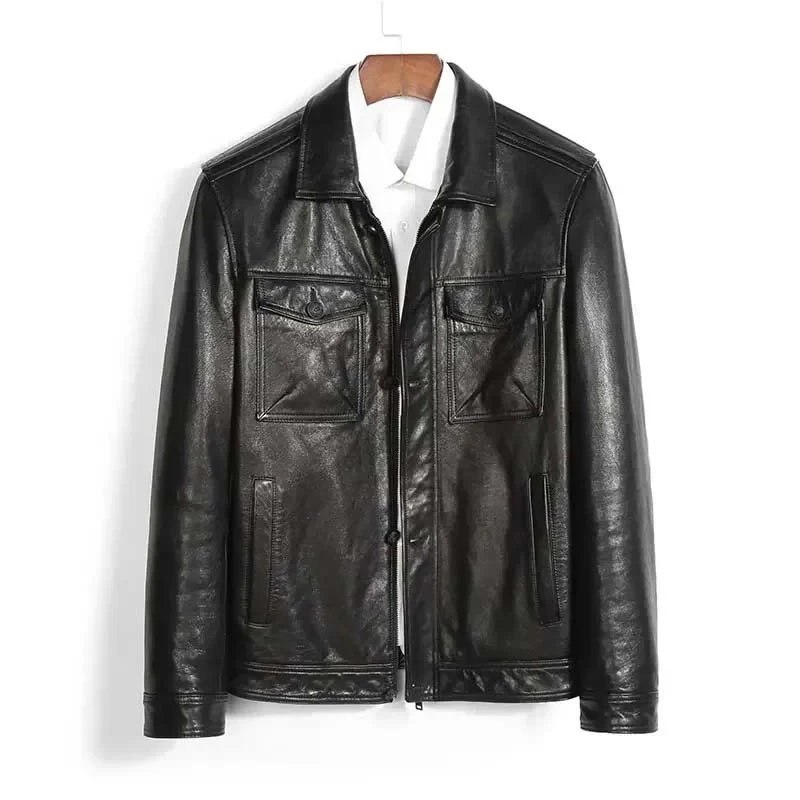 Men’s Genuine Sheepskin Leather Jacket – Casual Short Black Leather Coat with Pockets, Real Leather Autumn Outerwear 1819