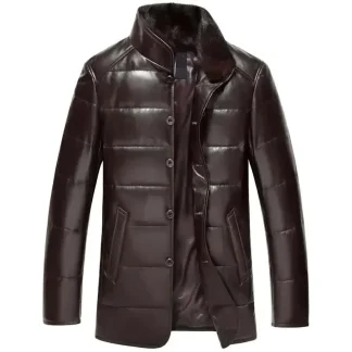 Men’s Genuine Sheepskin Leather Down Coat – Warm Winter Puffer Jacket in Black or Brown
