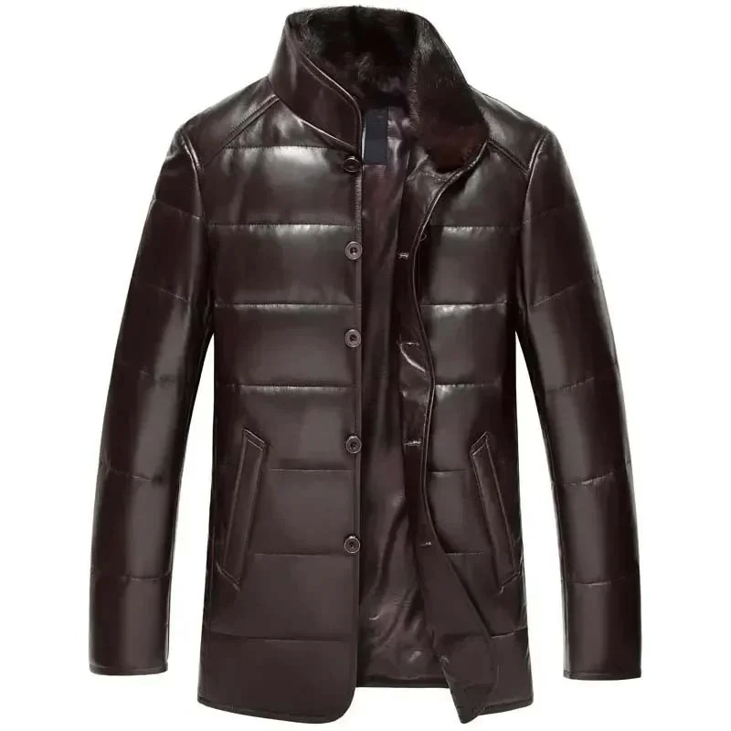Men’s Genuine Sheepskin Leather Down Coat – Warm Winter Puffer Jacket in Black or Brown