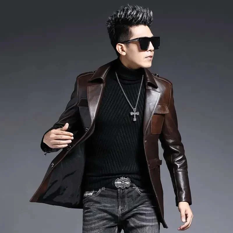 Men’s Mid-Length Genuine Sheepskin Leather Jacket – Fashion Casual Hunting Style Real Leather Coat for Spring & Fall - Image 2