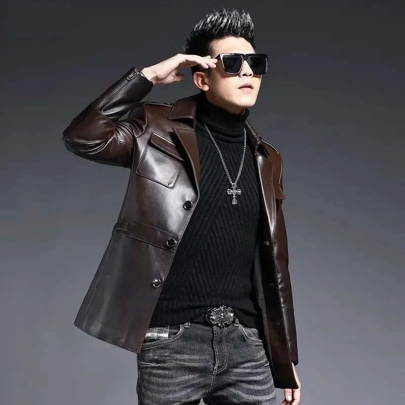 Men’s Mid-Length Genuine Sheepskin Leather Jacket – Fashion Casual Hunting Style Real Leather Coat for Spring & Fall - Image 3