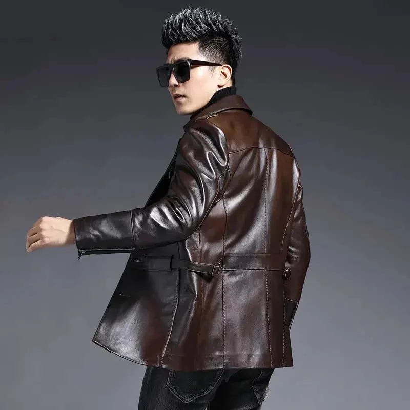 Men’s Mid-Length Genuine Sheepskin Leather Jacket – Fashion Casual Hunting Style Real Leather Coat for Spring & Fall - Image 4