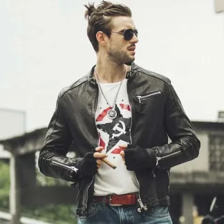 Men’s Genuine Sheepskin Leather Jacket – Dusen Klein Business Casual Slim-Fit Autumn Outerwear in Classic Black