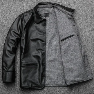 Men’s Classic Winter Cowhide Leather Jacket – Fashion Genuine Leather Brakeman Coat, Premium Quality Plus Size Outerwear