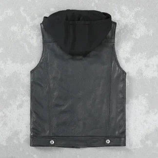 Men’s Genuine Cowhide Leather Motorcycle Vest – Vintage Biker Riding Waistcoat with Hood, Black/Red/Brown