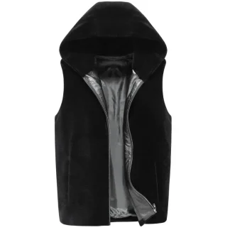 Men’s Winter Hooded Shearling Vest – Real Sheep Wool Sleeveless Jacket, Short Black Korean-Style Fur Coat for Casual & Streetwear Looks