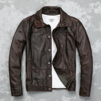 Men’s Vintage Distressed Top Layer Cowhide Leather Jacket – High Quality Genuine Leather Classic Lapel Coat for Timeless Luxury Style