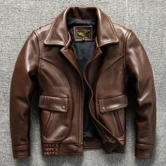 Men’s Real Cowhide Leather Jacket – Short Autumn Coat with Classic Lapel Collar, Fashionable and Durable Outerwear for Men (Ropa de Hombre)