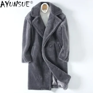 Men’s Genuine Shearling Coat – 100% Real Sheepskin Winter Long Wool Jacket, Warm Korean-Style Outerwear for Men
