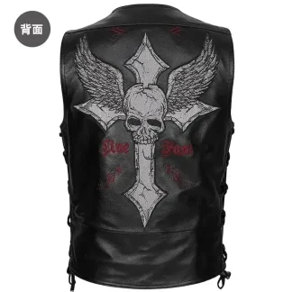 Men’s Skull Embroidered Cowhide Leather Vest – Classic Biker Style Real Leather Riding Vest by Skeleton Brand