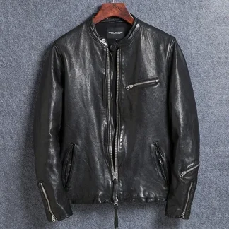 Men’s Luxury Japanese-Style Sheepskin Jacket – 1mm Tanned Genuine Leather Slim Fit Coat for Men