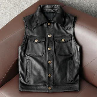 Men’s Genuine Cowhide Leather Vest – Classic Slim Biker Style Real Leather Riding Coat for Motorcyclists