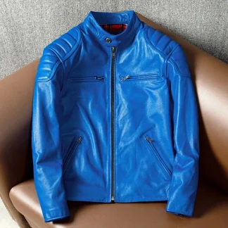 Men’s Cool Blue Genuine Cowhide Leather Jacket – Slim Short Biker-Style Fashion Coat for Young Riders
