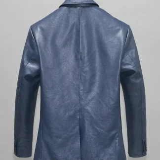 Men’s Genuine Cowhide Leather Suit Jacket – Blue Real Leather Coat for Spring & Autumn, Fashionable Oversized Design up to 3XL
