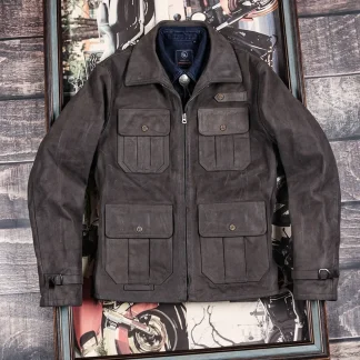 Men’s Slim Fit Genuine Cowhide Leather Hunting Jacket – Classic Durable Real Leather Coat with Premium Craftsmanship