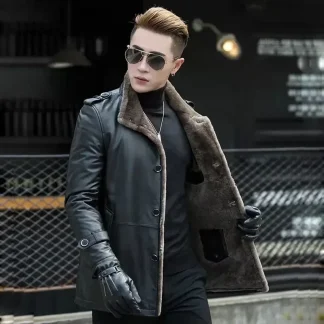 Men’s Medium-Length Sheepskin Leather Coat – Luxury Genuine Leather Winter Jacket with Integrated Plush Mink Fur Lining