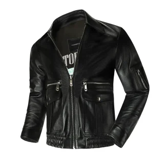 Men’s Genuine Cowhide Leather Air Force Flight Jacket – Short Vintage Lapel Riding Coat in Graphite Finish