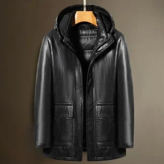 Men’s Hooded Sheepskin Down Jacket – Genuine Leather Winter Coat with Duck Down Insulation and Windbreaker Design