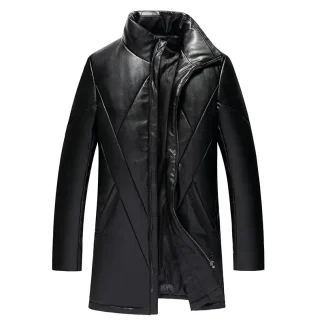 Men’s Mid-Length Sheepskin Leather Down Jacket – Slim Fit Winter Puffer Coat with Casual Fashion Design