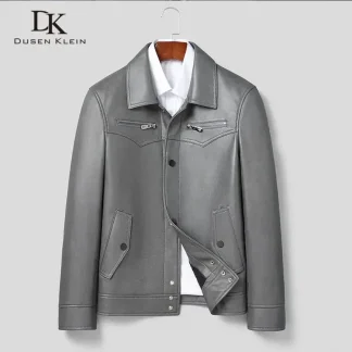 Men’s Genuine Sheepskin Leather Jacket – Casual Grey and White Real Leather Coat with Pockets for Autumn