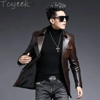 Men’s Mid-Length Genuine Sheepskin Leather Jacket – Casual Spring & Fall Hunting-Style Coat for Everyday Wear