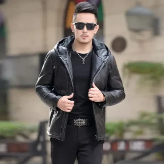 Men’s Genuine Sheepskin Leather Down Jacket – Short Hooded Slim Fit Korean Luxury Thickened Winter Puffer Coat