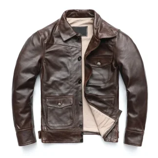 Men’s Dark Brown Cowhide Leather Jacket – Thick Oil-Wax Genuine Leather Winter Coat with Turn-Down Collar